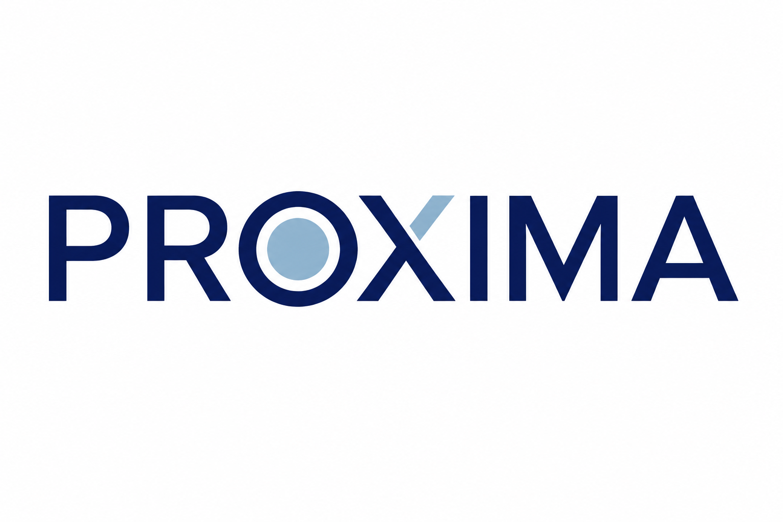 PROXIMA with steel-dot O and steel slash on the upper-right arm of the X