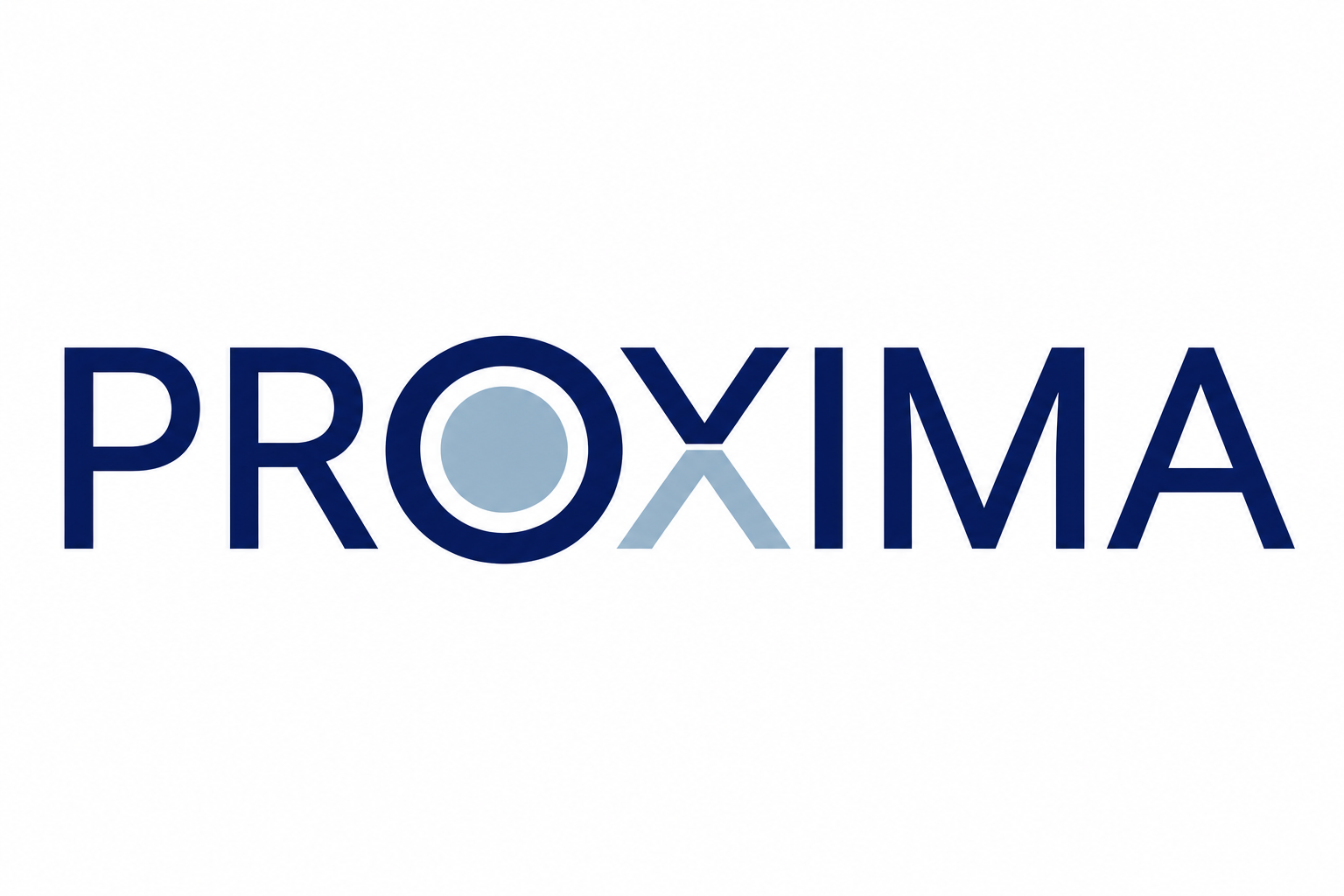 PROXIMA with steel-dot O and steel slash on the lower-left arm of the X